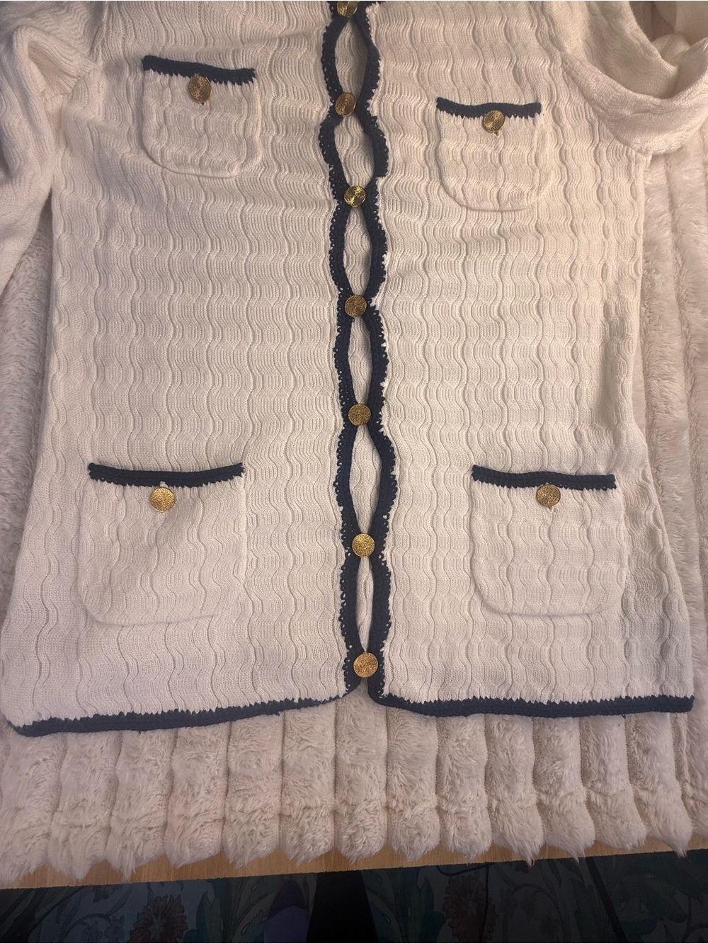 NWT Trina Turk Vermouth 4 Pocket Cardigan Gold Buttons White Blue Sweater M - Picture 8 of 16